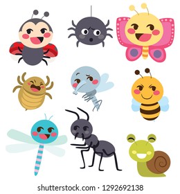 Colorful set of cute insects with ladybug snail spider parasite bee butterfly mosquito dragonfly ant bugs