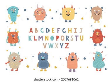 Colorful Set of Cute Monsters. Collection of cute cartoon characters in simple hand-drawn scandinavian style. ABC Alphabet childrens decorative font. Cute color alphabet. baby lettering.