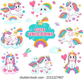 colorful set of cute unicorns in different poses. stickers for kids in cartoon style. vector illustration