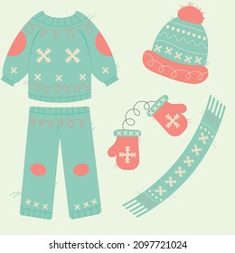 Colorido conjunto de ropas de invierno lindas al estilo de las caricaturas.  Suéter, pantalones, sombrero, mitones y bufanda. Ilustración vectorial.