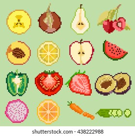 Colorful set cutting exotic fruits for icon game design