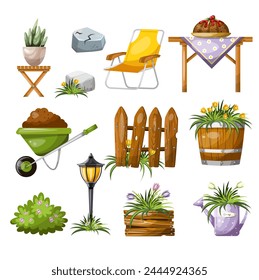 Colorful set of dacha garden vegetable garden elements. Freehand drawing, isolate on a white background, vector.