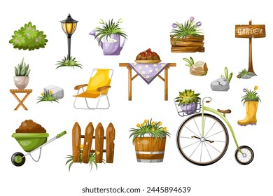 Colorful set of dacha garden vegetable garden elements. Freehand drawing, isolate on a white background, vector.
