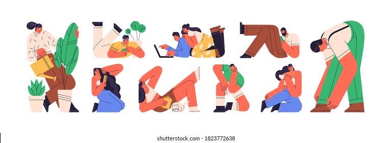 Colorful set of daydreaming or relaxing people. Scene of recreation or relaxation at home. Characters sitting, lying, reading. Vector illustration in flat cartoon geometrical style isolated on white