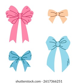 Colorful set of decorative bows with long and short ribbons in pastel pink, blue and beige, isolated on white
