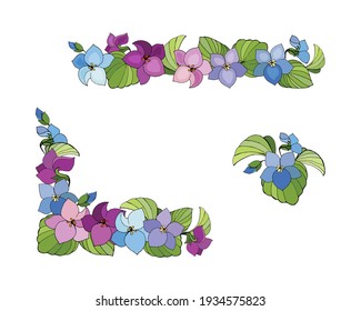 Colorful set of decorative elements, a border, corner of violets flowers for the design of cards, letterheads, invitations.