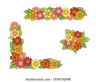 A colorful set of decorative elements corner, border  from primrose flowers for the design of cards, letterheads, invitations.