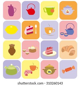 Colorful  set of dessert, tea, coffee vector illustration. Tea time vector set. Color tea time hand drawn collection. Set of vector dessert.