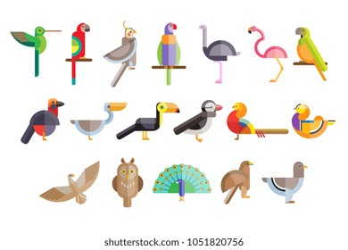 Colorful set of different birds. Pelican, owl, toucan, eagle, peacock, parrot, falcon, flamingo, pigeon, pheasant. Wild creatures. Vector icons in geometric flat style