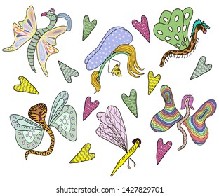 Colorful set with different butterflies and insects in cartoon style