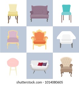 Colorful set of different chairs in flat style to use in animation, illustration, scene, background, cartoon, interior design. Vector icons of leather armchairs isolated on the white background.
