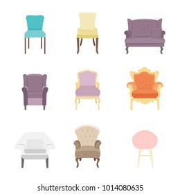 Colorful set of different chairs in flat style to use in animation, illustration, scene, background, cartoon, interior design. Vector icons of leather armchairs isolated on the white background.