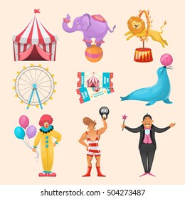Colorful set of different circus characters animals amusement rides event tickets and stripped marguee symbols vector illustration