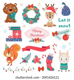 Colorful set of different Cristmas and Happy new year decoration, cute amimals and on white Background