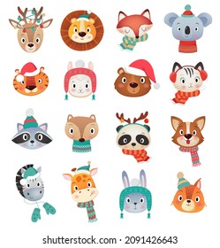 Colorful set of different Cristmas and Happy new year cute amimals head on white Background