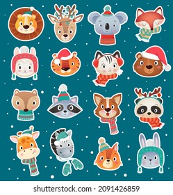 Colorful set of different Cristmas and Happy new year cute amimals head stickers with snow on blue Background