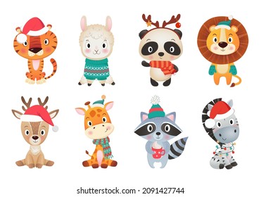 Colorful set of different Cristmas and Happy new year cute amimals on white Background