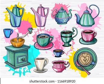 Colorful set of different cups, porcelain teapots for coffee, tea, cappuccino, coffee grinder, coffee mill. Sketch style, color splash. Hand drawn vector illustration