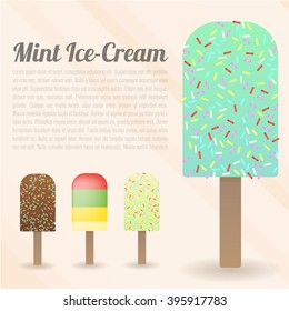 Colorful set of different flavors of ice cream , vanilla, chocolate , mint, ice juice on stick with powder. Vector Ice cream set 