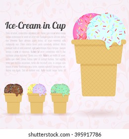Colorful set of different flavors of ice cream , vanilla, chocolate , mint in waffle cup with powder. Vector Ice cream set 