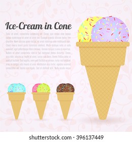 Colorful set of different flavors of ice cream , vanilla, chocolate , mint in waffle cone with powder. Vector Ice cream set 