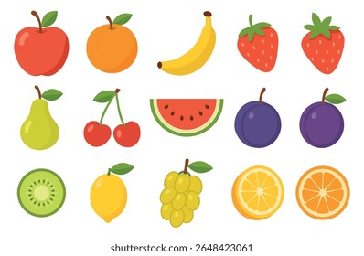 Colorful set of different fruits in flat style, arranged in neat rows. Simple healthy food icons on white background. Perfect for stickers, fabric prints, packaging and children's design.