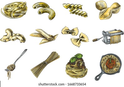 Colorful set of different kinds of pasta and spaghetti. Fettuccine, sedanini rigati, girandole, conchiglioni rigati, pipe rigatti, mezze penne rigate, farfalle, spaghetti rolled on a fork and on a pan