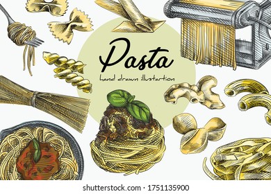 Colorful set of different kinds of pasta and spaghetti. Fettuccine, sedanini rigati, girandole, conchiglioni rigati, pipe rigatti, mezze penne rigate, farfalle, spaghetti rolled on a fork, spaghetti	
