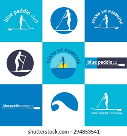 Colorful set of different logo templates for stand up paddling. Athletic labels and badges made in vector. Flat design style illustration of icons. Template for postcard, personal card or print.