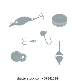 Colorful set of different tools for fishing on a white background 
