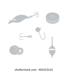 Colorful set of different tools for fishing on a white background 