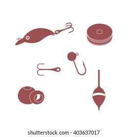 Colorful set of different tools for fishing on a white background 