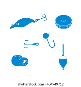 Colorful set of different tools for fishing on a white background 