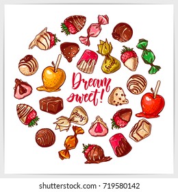 Colorful set of different types of candies. Hand drawn illustration with hand lettering headline.