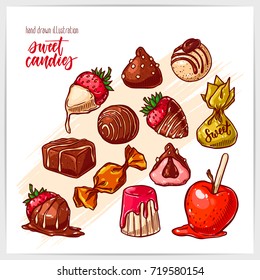 Colorful set of different types of candies. Hand drawn illustration with hand lettering headline.