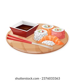A colorful set of different types of sushi on a bamboo tray, chopsticks and a bowl of soy sauce. Isolated vector illustration. Vector illustration