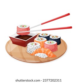 A colorful set of different types of sushi on a bamboo tray.Cartoon isolated bamboo plate with chopsticks and rolls with rice. Vector illustration