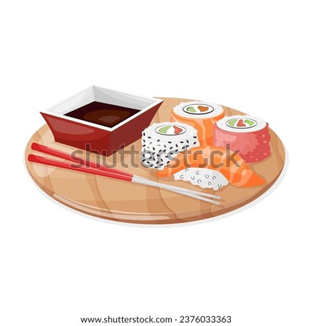 A colorful set of different types of sushi on a bamboo tray, chopsticks and a bowl of soy sauce. Isolated vector illustration. Vector illustration