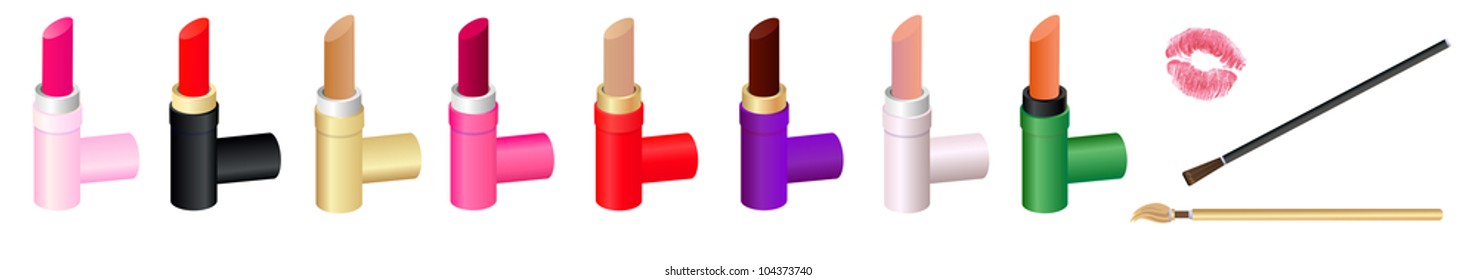 Colorful set of different vector lipsticks, lip brushes and a kiss imprint. Eps 10 illustration