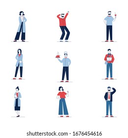 Colorful set of diverse cartoon people. Flat vector illustrations of man and woman standing, saluting, waving. Activity and lifestyle concept for banner, website design or landing web page