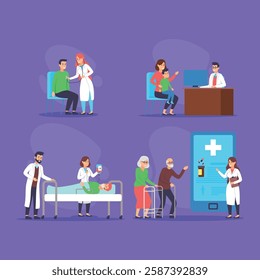 Colorful set of diverse health care situations, including patient consultations, medical examinations, and caregiving activities in clinical environment