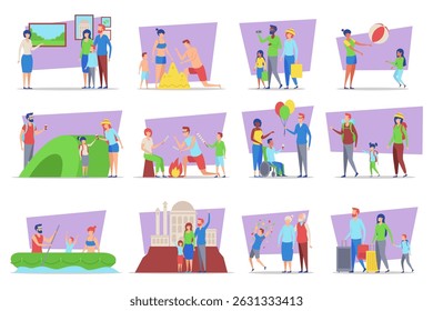Colorful set of diverse range of family activities, including playing, cooking, relaxing, and exploring. Cheerful interactions among family members concept