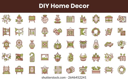 Colorful set of DIY home decor icons featuring plants, vases, lamps, and wall art in a whimsical style, perfect for creative projects and interior design inspiration.