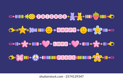 A colorful set of DIY jewelry including friendship bracelets. Letter beads. The design showcases hippie vibes, emoji motifs, gummy bears, and Y2K aesthetics.