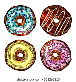 Colorful Set Of Donuts In Sketch Style In Top View. Collection Of Hand Drawn Dessert