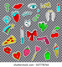 Colorful set of doodle fashion patch badges. Print sticker collection in cartoon 80s-90s comic style
