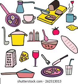 Colorful set in doodle style with homemade food. 