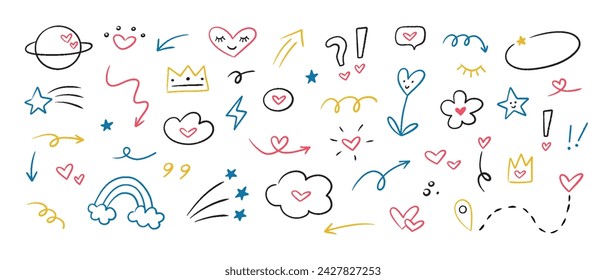 Colorful set of doodle vector elements. Hand drawn collection simple elements with hearts isolated on white background.