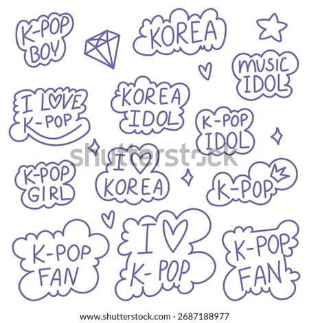 Colorful set of doodle-style clouds with handwritten phrases expressing love for K-pop, Korean idols, music culture. Flat design illustration youth-themed designs, fan art, and pop culture projects.