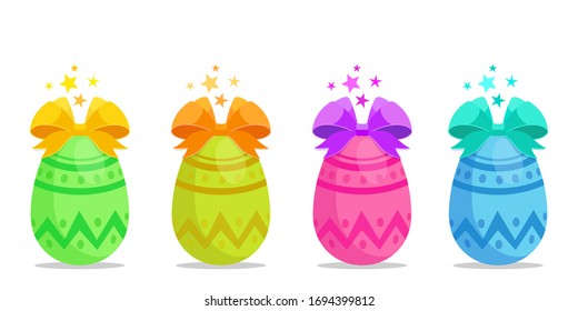 Colorful set of easter chocolate eggs. Easter egg with big bow on top. Vector illustration, flat design element, cartoon style, isolated on white background.